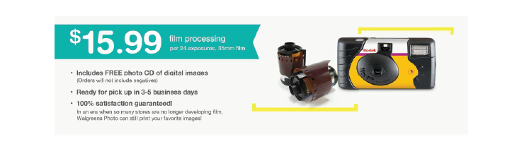 $15.99 Film Processing per 24 exposures, 35mm film. Includes FREE photo CD of digital images. (Orders will not include negatives) Ready for pick up in 3-5 business days. 100% satisfaction guaranteed!